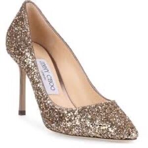 Jimmy Choo Roma 85 Antique Gold Coarse Glitter Heel, size 38.5